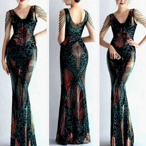 Green,  Floral Print,  Sleeveless,  V Neck,  Round Back,  Beaded,  Sequi…